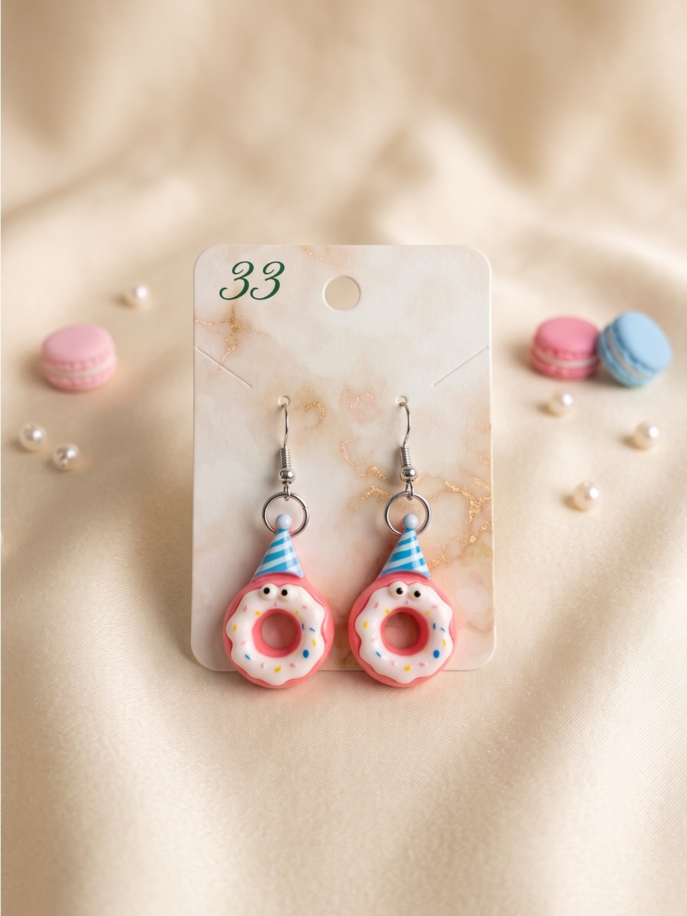 NWOT Pink Donut Birthday Party Hat Dangle Earrings Kawaii Novelty